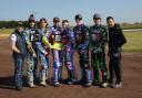 The 2019 rebels at the Oaktree arena for the start of the speedway season and the clubs 20th anniversary. L-R Chris Harris, Valentin Grobauer, Eli Meadows (mascot) , Rory Schlein, Henry Atkins, Andres Rowe, Todd Kurtz and Nico Covatti