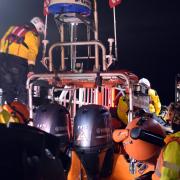 Burnham-on-Sea Atlantic 85 lifeboat preparing to launch during a training exercise earlier in the evening.