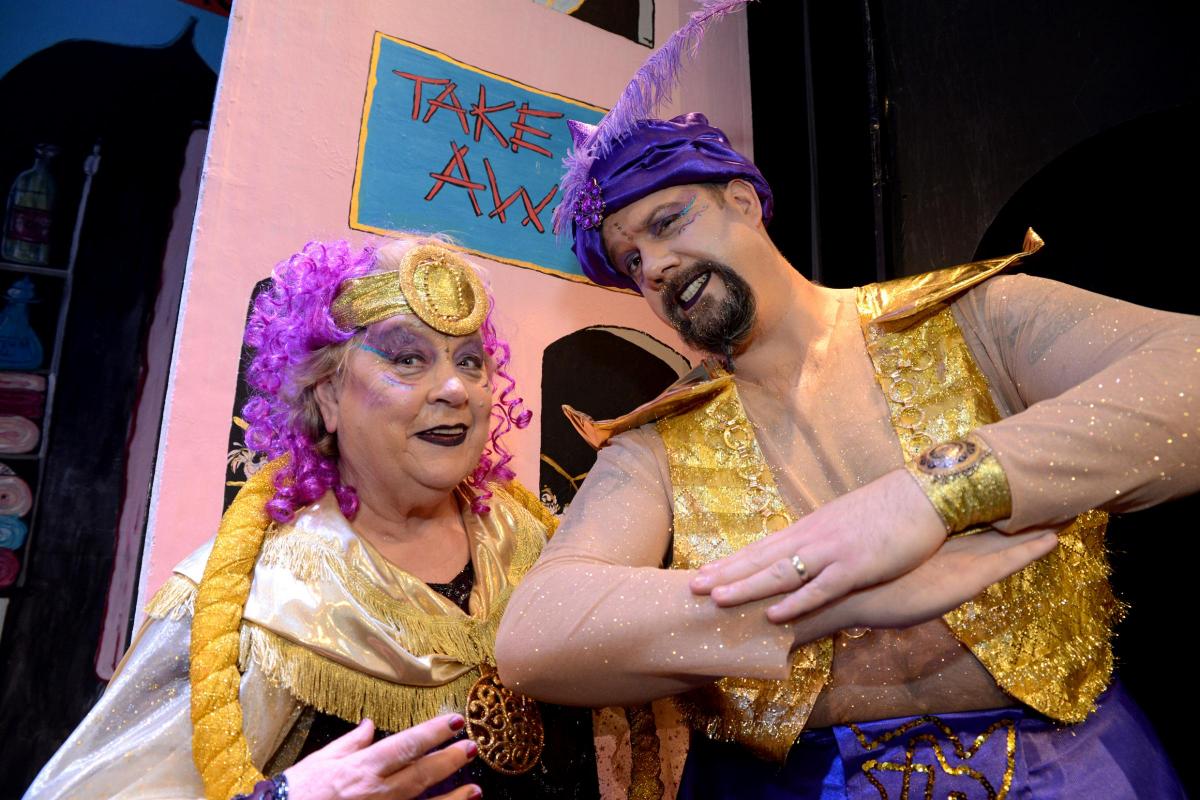 Aladdin, a pantomime written by Alan Fayn performed at the Princess Theatre and Arts centre in Burnham-On-Sea...Pictured L-R Spirt of the ring, Mo Cooper and Gene Chris Bissell.