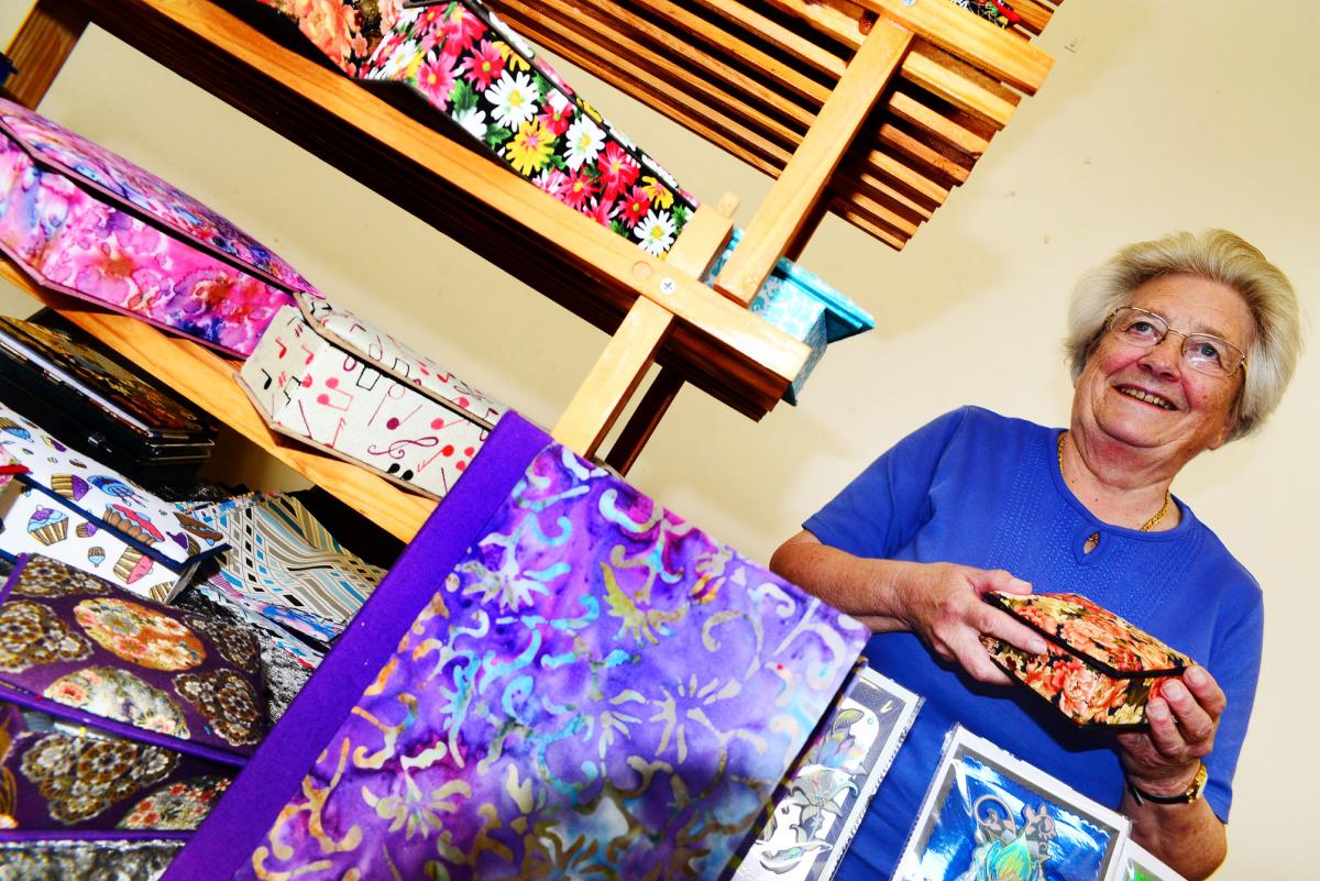 BRIGHT: Mary Wridgeway with her quilted boxes