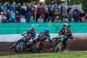 VICTORY: Heat one action with Jason Doyle (red), Aaron Summers (blue), Kyle Howarth (yellow) and Jacob Thorssell (white). Pic: Colin Burnett