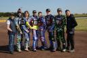 The 2019 rebels at the Oaktree arena for the start of the speedway season and the clubs 20th anniversary. L-R Chris Harris, Valentin Grobauer, Eli Meadows (mascot) , Rory Schlein, Henry Atkins, Andres Rowe, Todd Kurtz and Nico Covatti