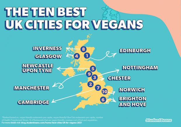 Burnham and Highbridge Weekly News: Student Beans map of 10 best cities for vegans. Picture: Student Beans