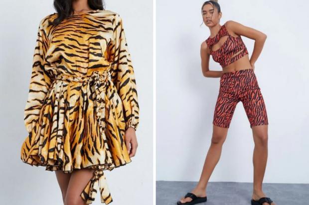 Burnham and Highbridge Weekly News: (Left) Burnt Orange Premium Satin Woven Tiger Tie Waist Skater Dress (Right) Black Tiger Print Cycling Shorts (I Saw It First/Canva)