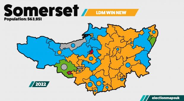Burnham and Highbridge Weekly News: Map Of The 2022 Local Election Results In Somerset. CREDIT: Election Maps. Free to use for all BBC wire partners.